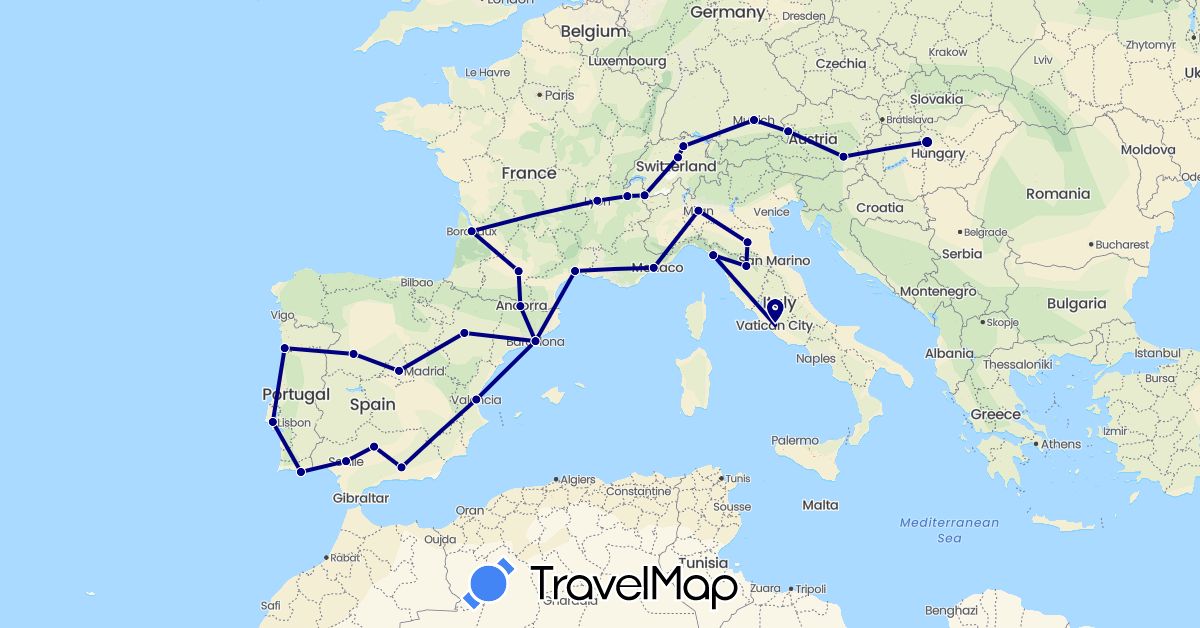 TravelMap itinerary: driving in Andorra, Austria, Switzerland, Germany, Spain, France, Hungary, Italy, Portugal (Europe)